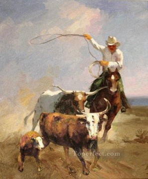 the cowheards and 3 cattles western original Oil Paintings